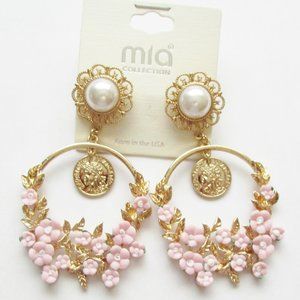 MIA Large Statement Pierced Earrings Pink Flowers